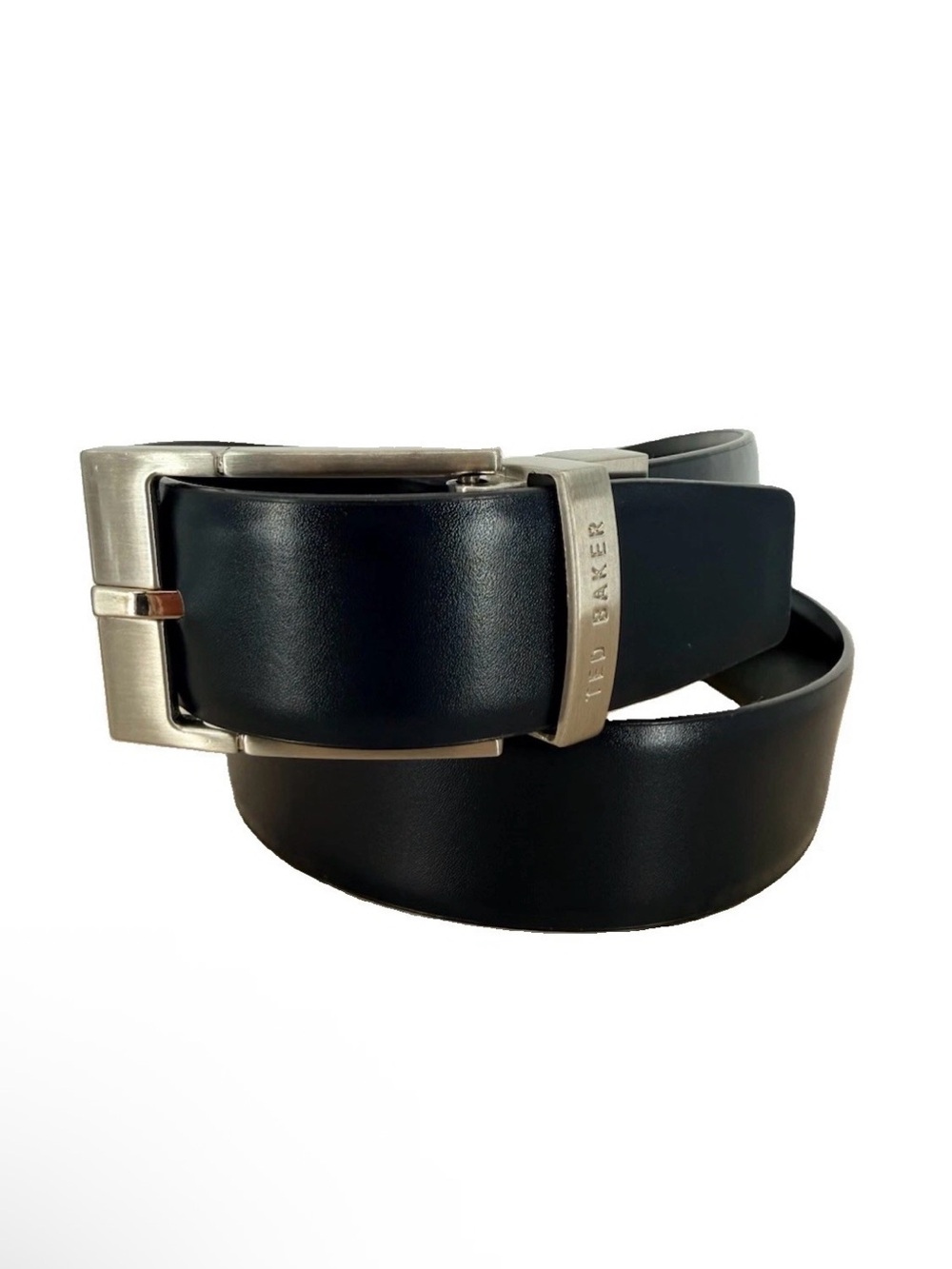 Ted Baker Mens 32 Black Leather Dress Belt Brushed Silver Square Buckle Classic